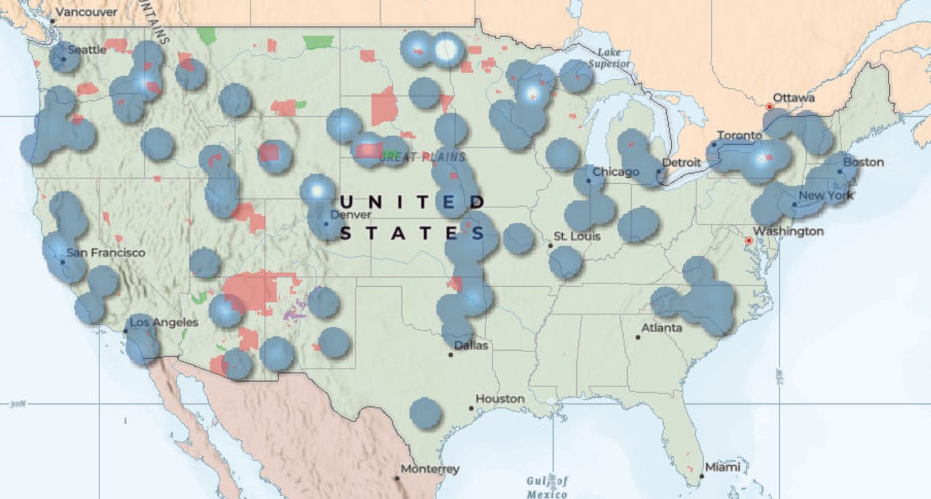 A heatmap showing the 243 financial aid opportunities for students of Tribal Nation descent across the United States.