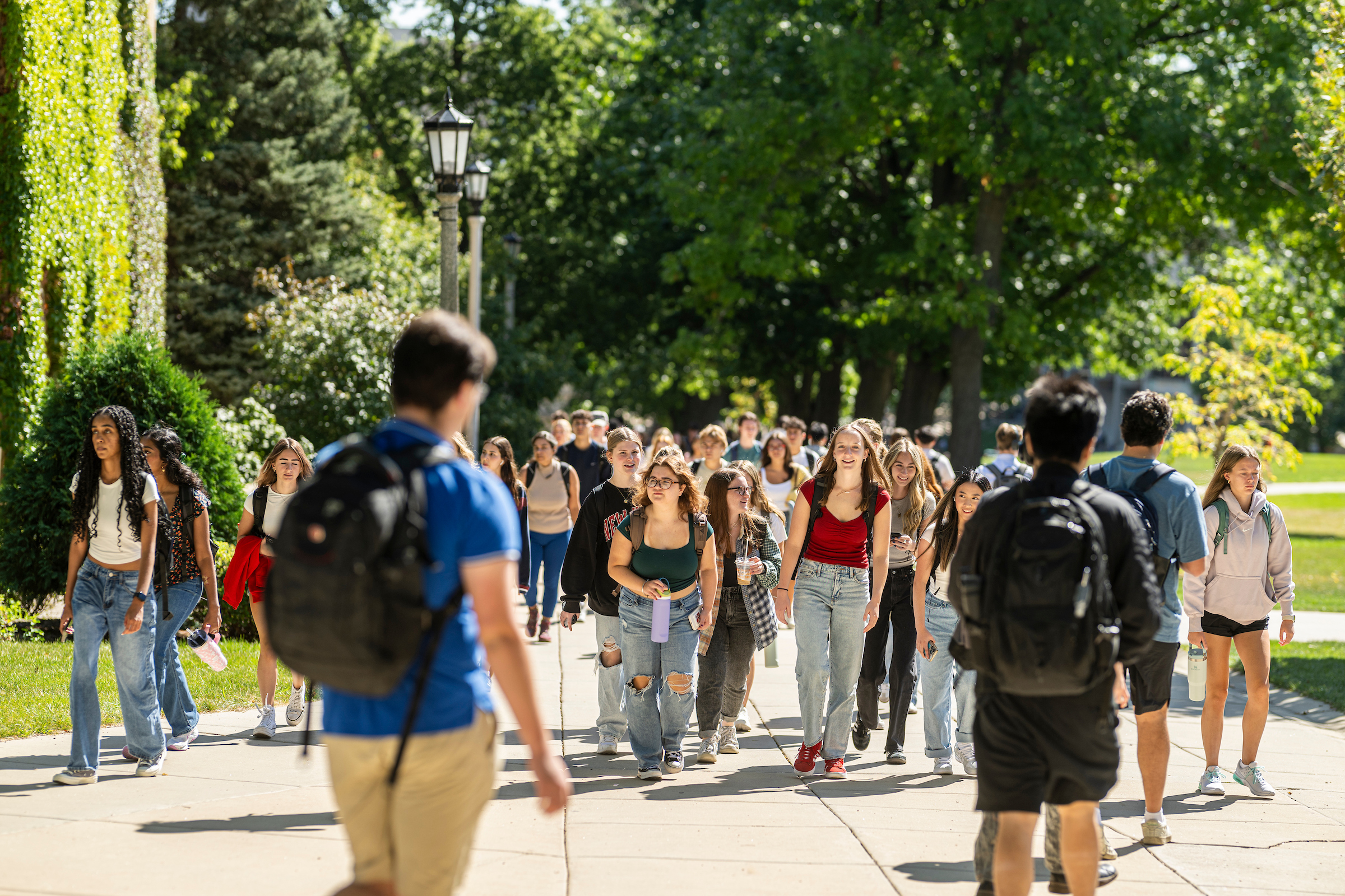 A group of students walking on Bascom Hill on the first day of classes in 2024.