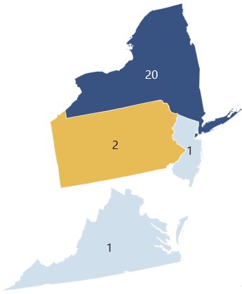 A map that shows funding opportunities for the Mid-Atlantic states. These are defined as New York, New Jersey, Pennsylvania and Virginia, for the sake of this study.