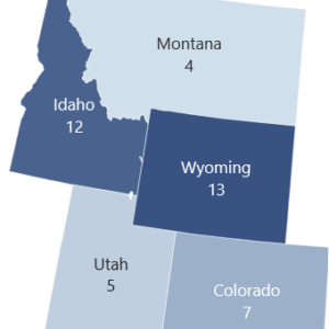 A map illustrating which states are considered mountain-west for the sake of this study. They include Montana, Idaho, Wyoming, Utah and Colorado.
