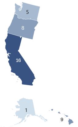 A map showing the states considered part of the Pacific/west coast for the sake of this study. They include Alaska, Hawaii, Washington, Oregon and California.